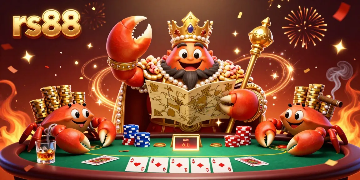 Experience thrilling moments in rs88's vibrant casino atmosphere with a golden crab emperor and poker elements.