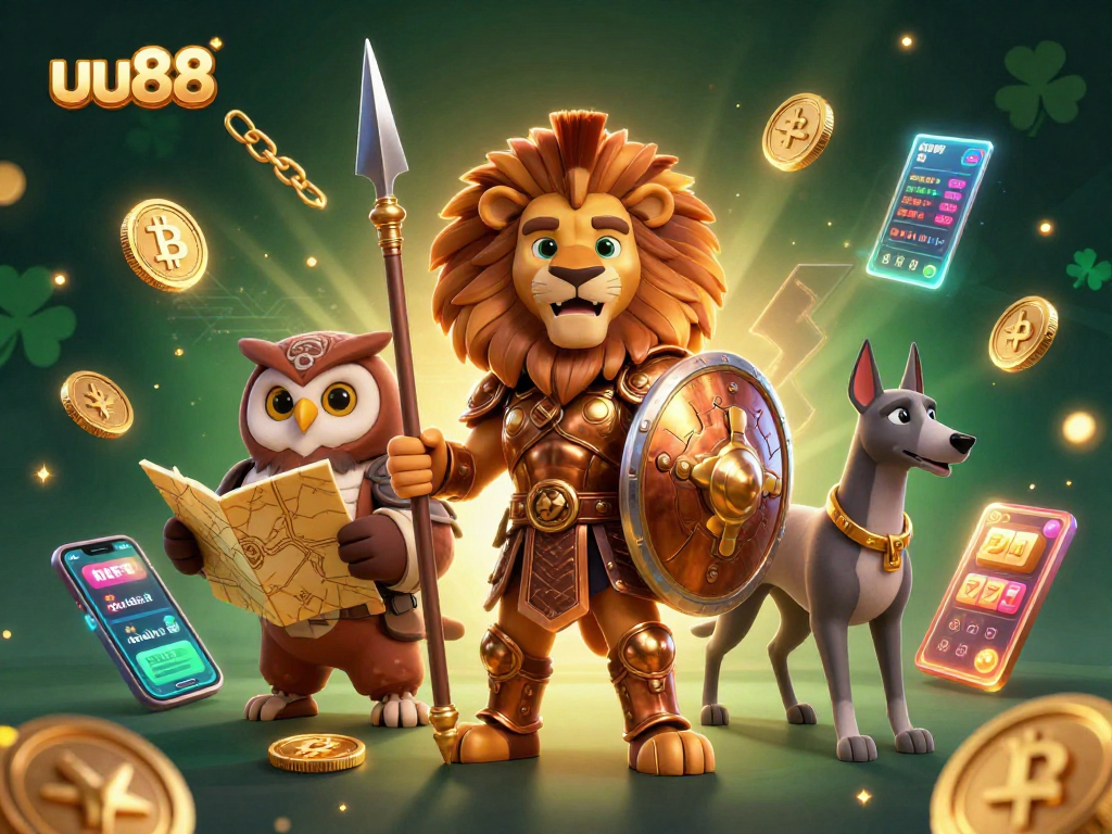 Witness uu88's Spartan lion protector amidst a dazzling casino scene filled with crypto elements.