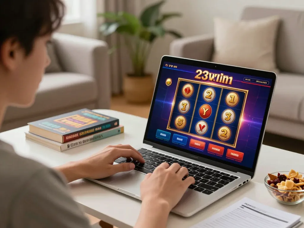 Engaging in online gaming at home with 23win casino, highlighting strategic gameplay.