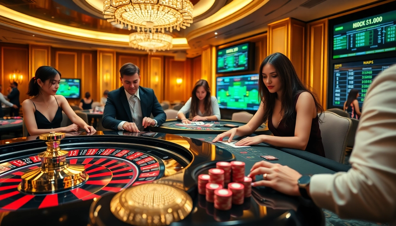 Exciting casino gaming scene at https://urr88.com/, featuring roulette, baccarat, and poker tables.