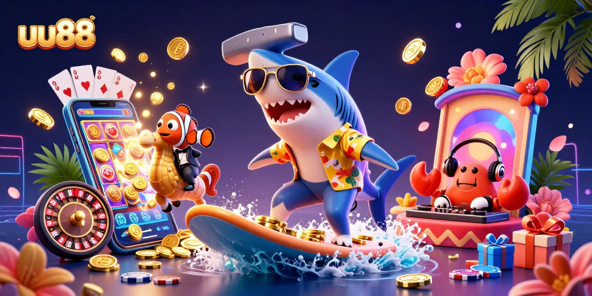 uu88 offers thrilling adventures through its vibrant online games, led by a surfing shark character.