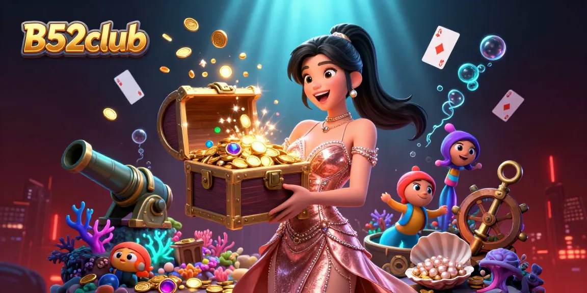 B52club showcases an exciting online gaming experience with treasure chest and vibrant casino elements in a thrilling underwater scene.