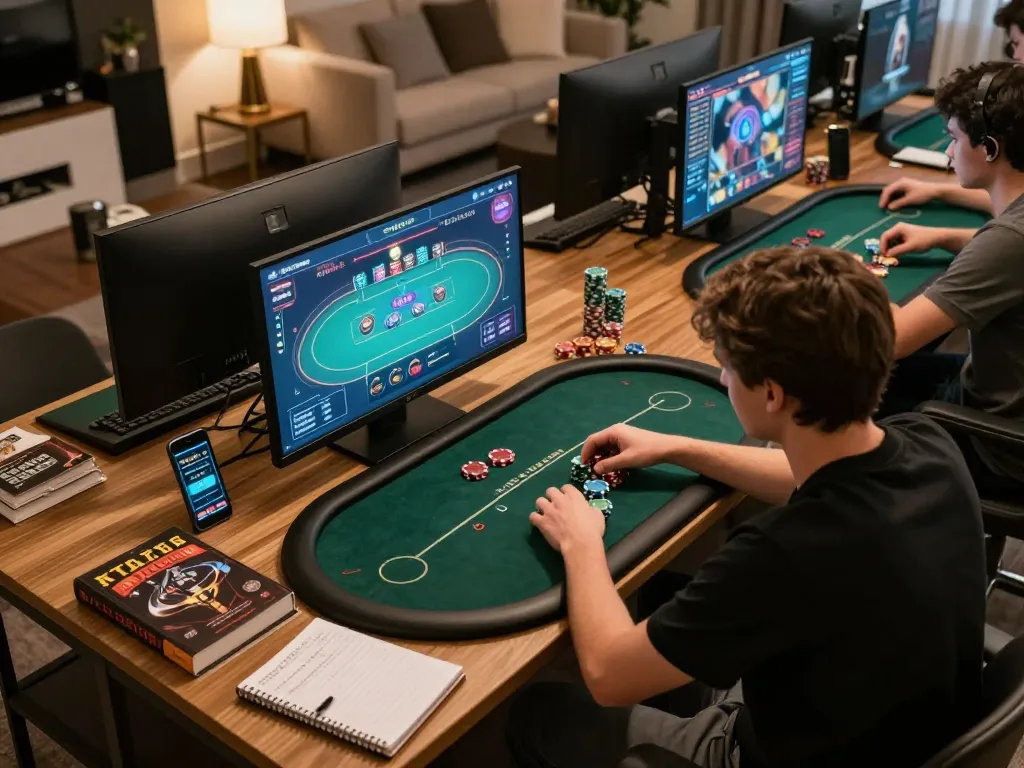 Players engage in intense online poker gameplay at home using f8betlv, surrounded by strategy notes and cozy ambiance.