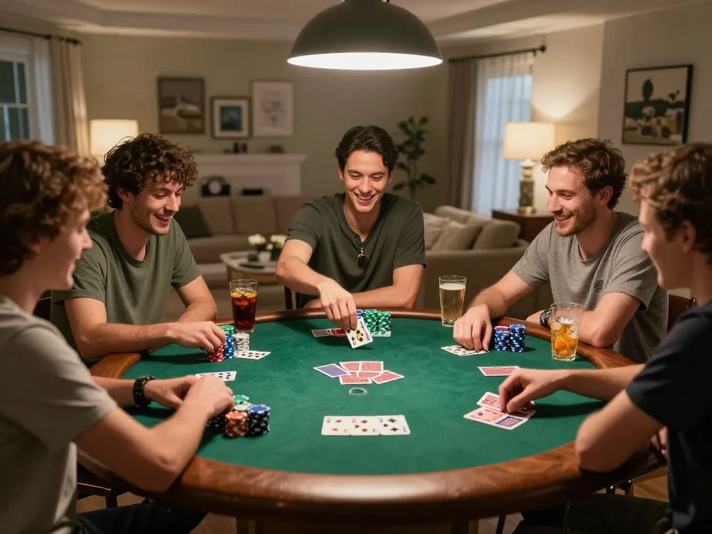 Friends enjoying an exciting poker night with 23winn game strategies in a cozy home setting