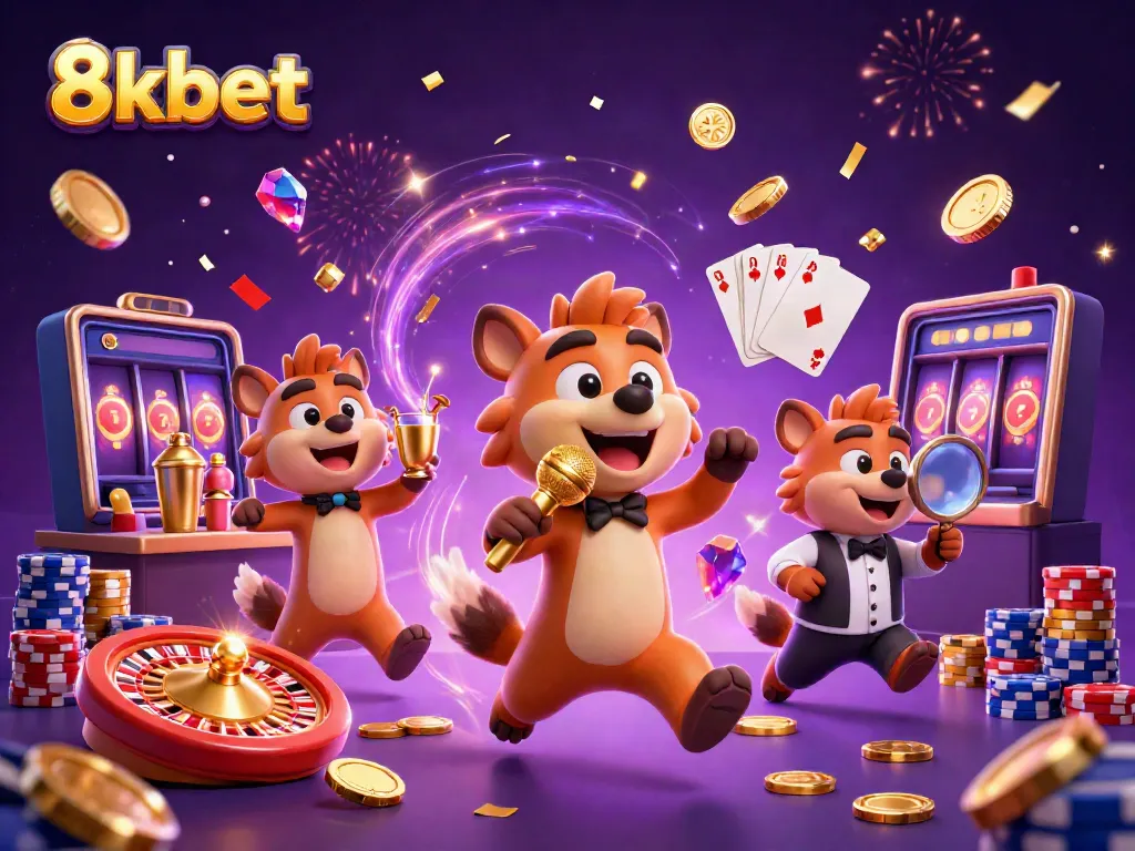 Experience excitement at 8kbet with vibrant gaming visuals, including roulette, gold coins, and dynamic casino scenes.