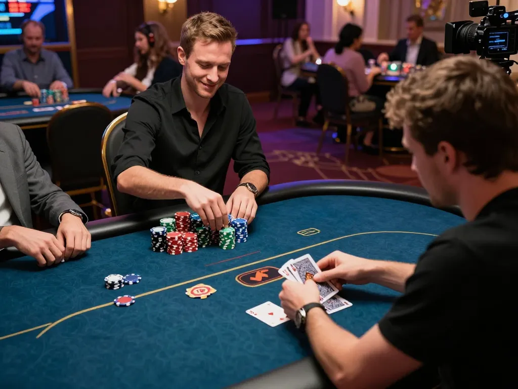 Experience the thrill of poker gameplay at 78wim's luxurious casino, with players focused on their cards and vibrant surroundings.