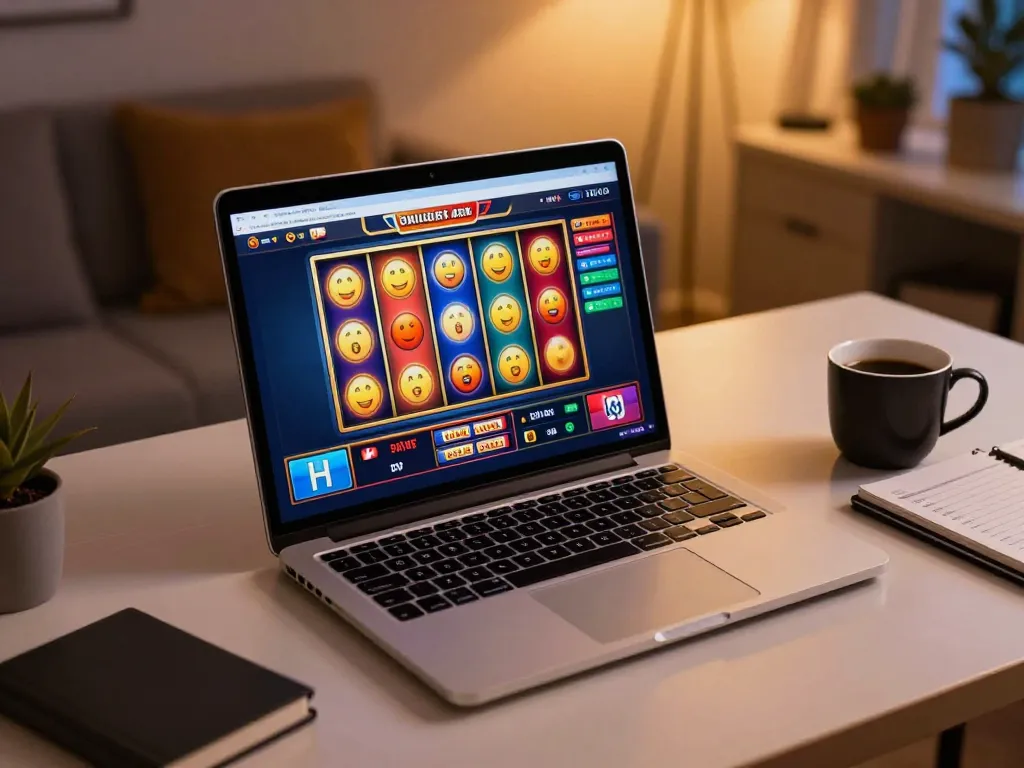 Engaging online gaming experience at OKFUN, showcasing vibrant slot reels spinning with cozy home setting