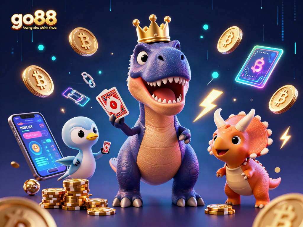 Engage with go88 trang chu chinh thuc at this vibrant 3D casino scene showcasing playful T-Rex and friends.