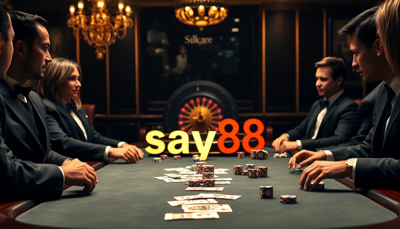 Experience high-stakes action at SAY88's poker table with vibrant chips and thrilling gameplay.
