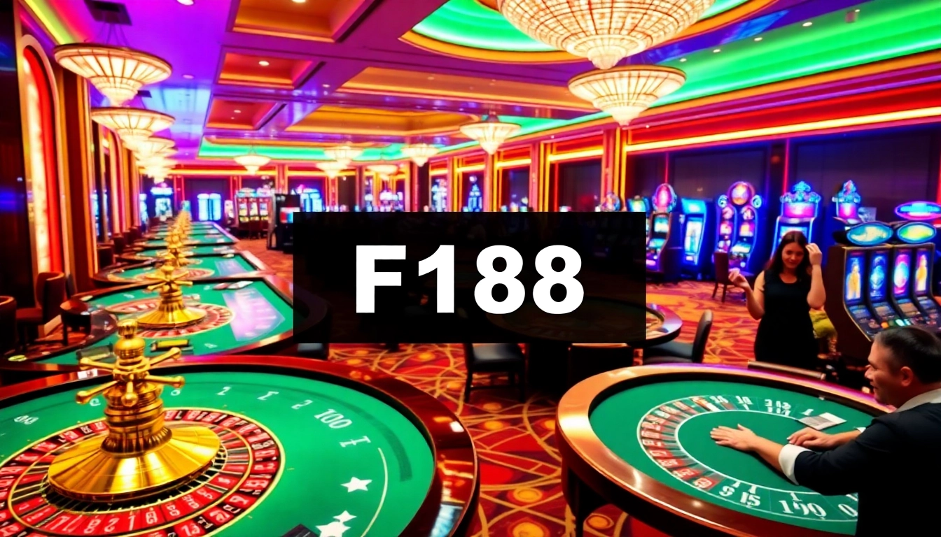 Excited players engaging at F168 casino tables amidst vibrant slot machines.