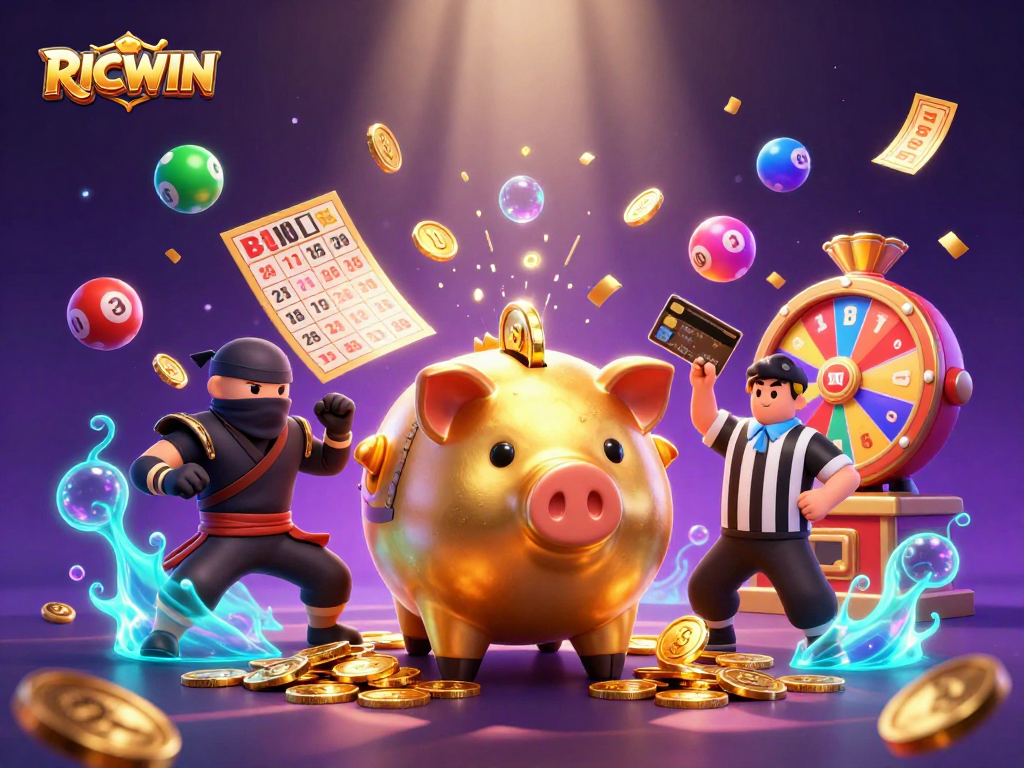 Experience the excitement of RICWIN with vibrant lottery elements in a thrilling casino scene.