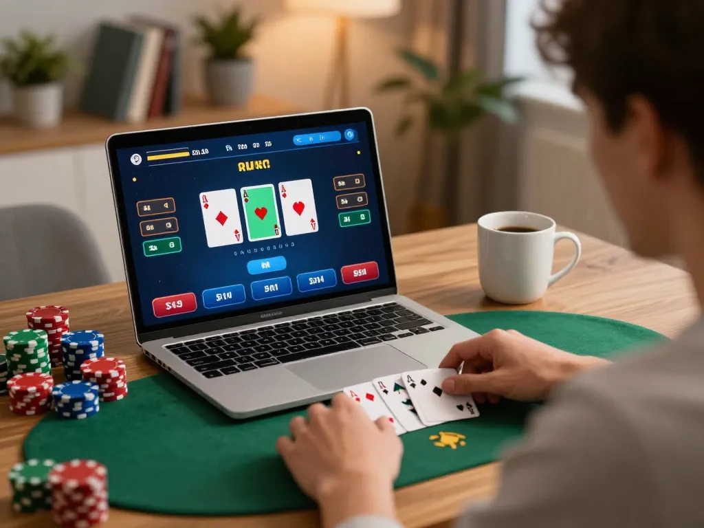 Engaging on Trang chủ da88 poker gameplay on a laptop, capturing strategic betting moments.