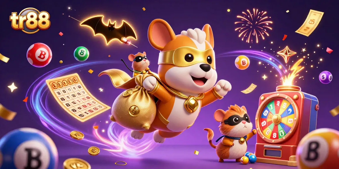Engage with tr88's colorful gaming adventure featuring a superhero dog and hamster with dynamic gaming elements.
