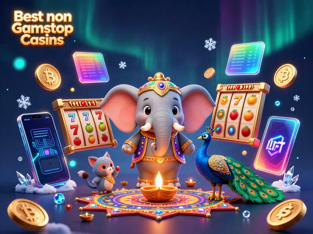 Play at the Best non Gamstop Casinos with vibrant 3D elements in a festive atmosphere.