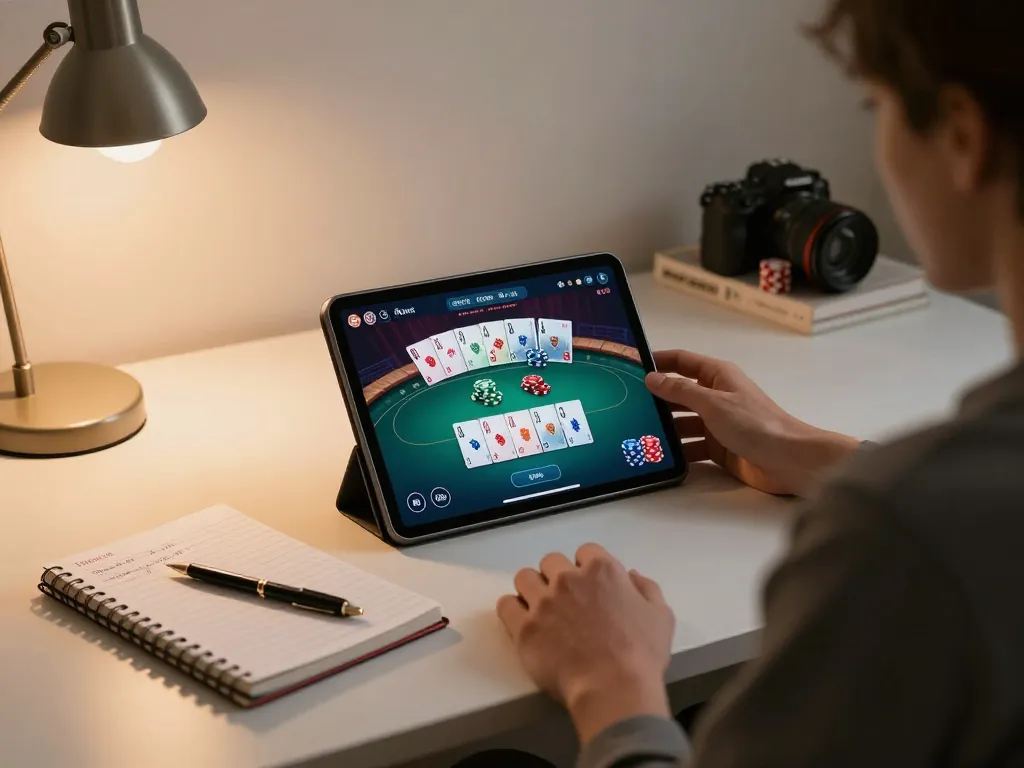Player enjoying online poker at https://xx88.day/ in a cozy home environment with strategy notes.
