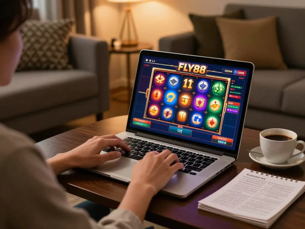 Engaging gameplay on FLY88 online slot game with vibrant reels and strategic notes.
