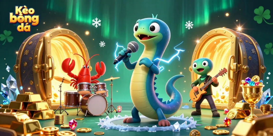 Kèo bóng đá exciting illustration with an electric eel DJ, lobster drummer, and seahorse guitarist in a vibrant underwater casino stage