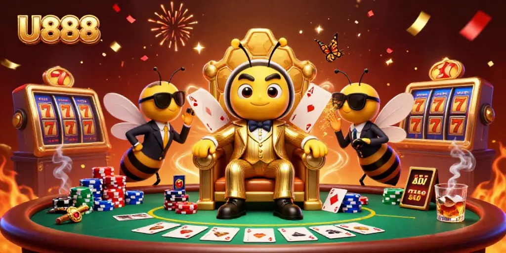 Engage in thrilling gameplay with U888 as a bumblebee mob boss oversees an action-packed casino scene.