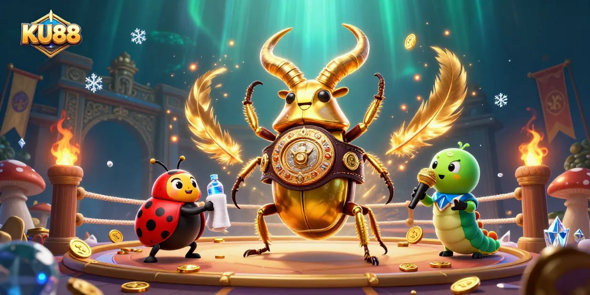 Bet on excitement with KU88 as a giant golden beetle and colorful characters energize the casino scene.