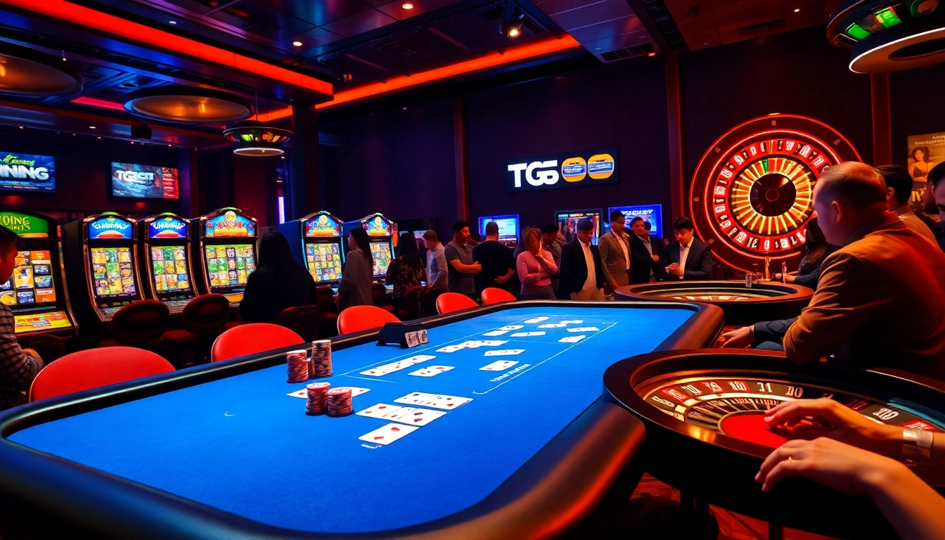 Players enjoying high-stakes poker and slot machines with TG88 branding in a luxurious casino.