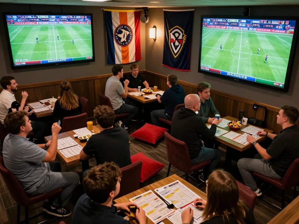 Socolive live sports betting scene with enthusiastic fans and detailed betting slips.