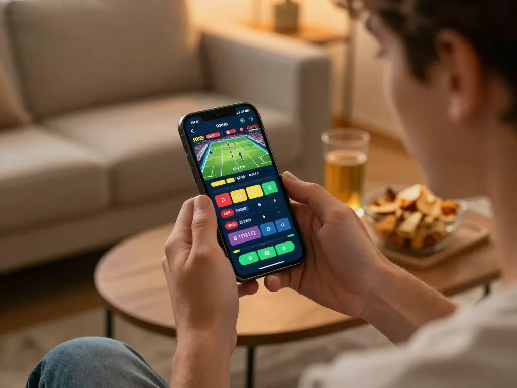 Player using 888bgo app for live sports betting in a cozy home setup