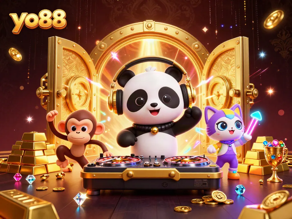 Engage with yo88's vibrant casino scene featuring a DJ panda and lively characters.