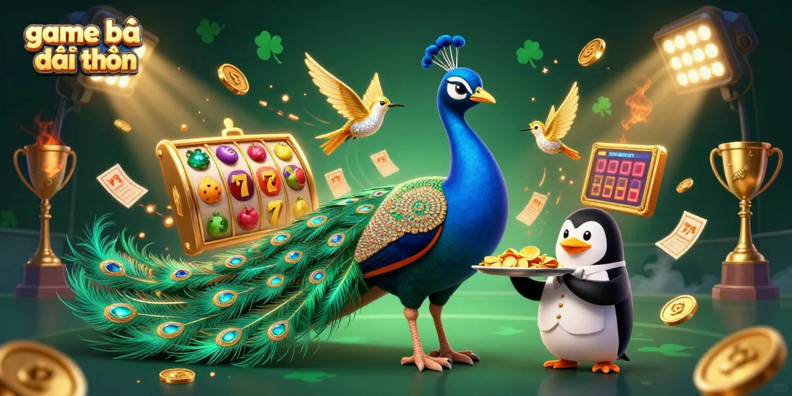 Experience thrilling game bài đổi thưởng with an aristocratic peacock and lively characters in a dynamic casino scene.