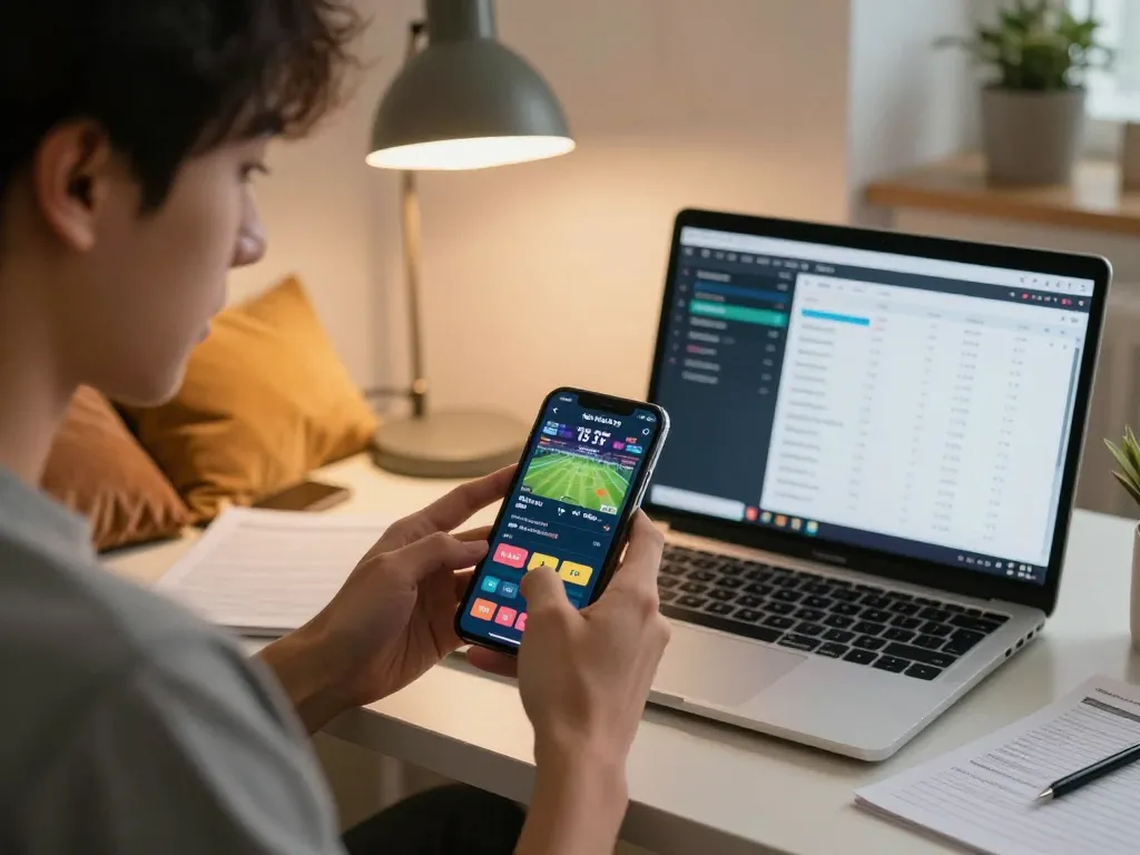 Engaging in dynamic sports betting on smartphone showcasing keo nha cai 5 in a stylish home office.