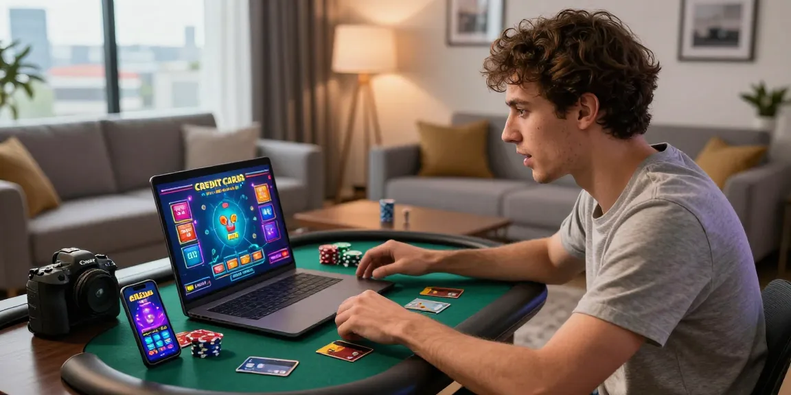 Exciting gaming experience at credit card casinos UK with player using laptop and vibrant graphics.