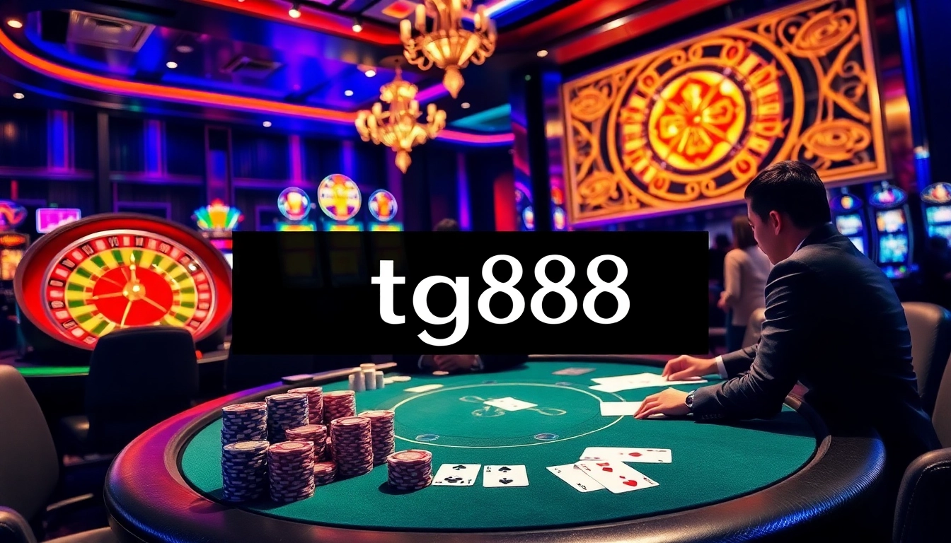 Players strategizing bets at a tg88 casino table with poker cards and chips scattered.