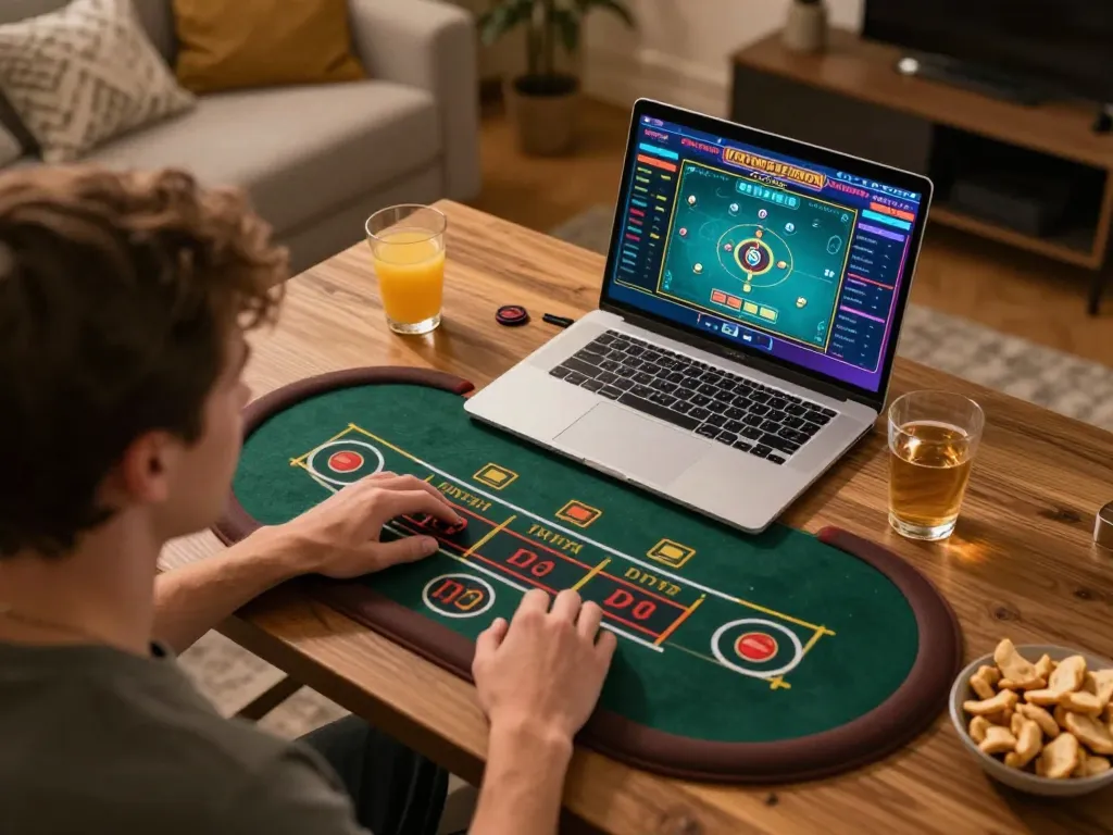 Engaged player enjoying dh88 link via laptop during exciting online casino gaming session, surrounded by snacks.