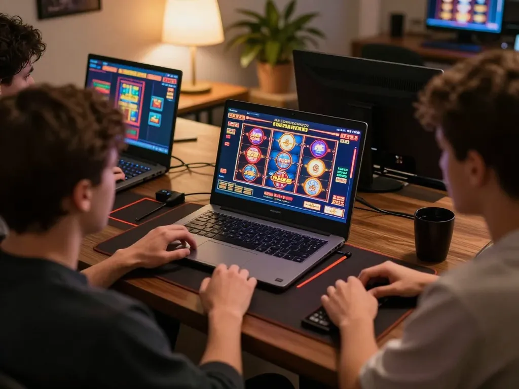 Players strategizing at 999E online casino on a laptop in a cozy home setting.