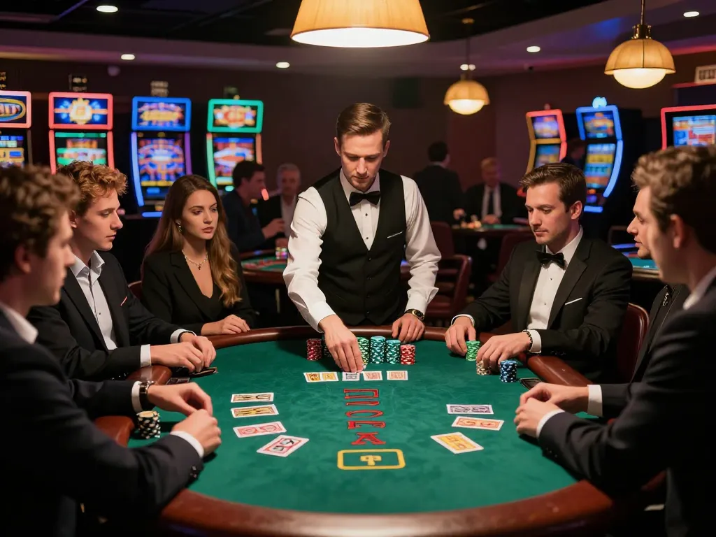 SOC88 players engaging in an intense blackjack game at a luxury casino with festive atmosphere