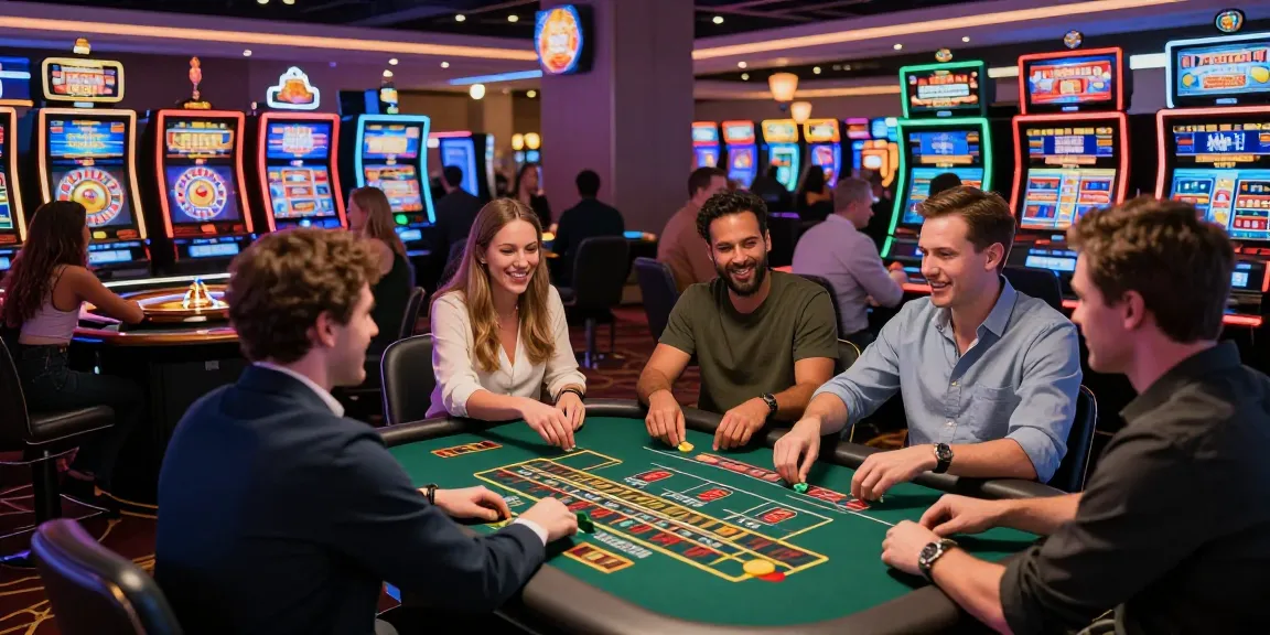 Exciting atmosphere at credit card casinos with players enjoying diverse games and vibrant celebrations.