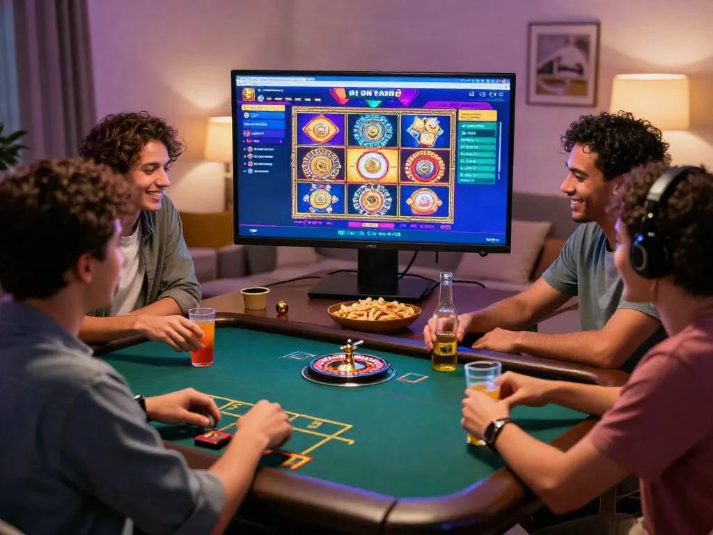 Friends enjoying an exciting game night featuring popular non Gamstop casino games at home.