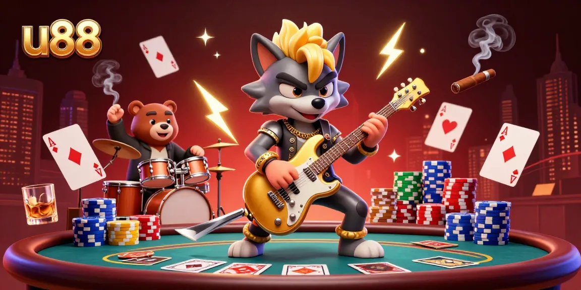 Experience thrilling action in u88's vibrant casino scene with a rock star wolf and poker elements.