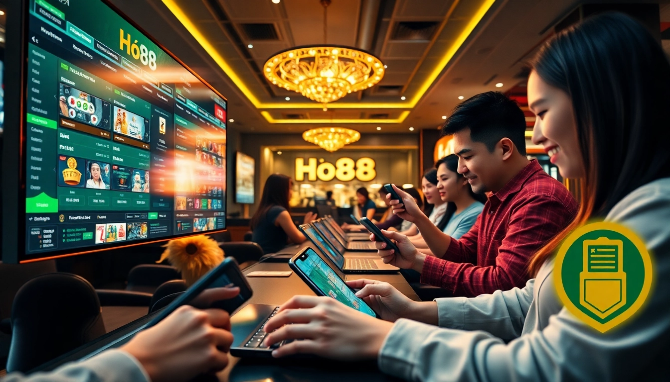 Engaging scene illustrating Ho88's dynamic online gambling environment with users actively participating.