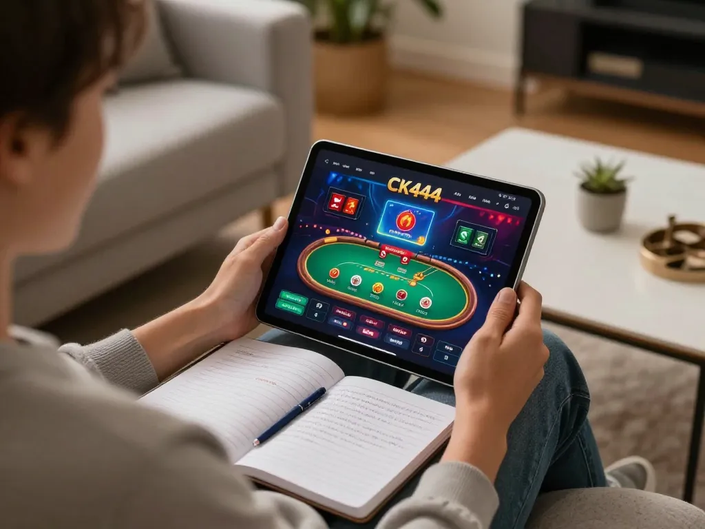 Engaging in online poker gameplay on CK444s tablet from the comfort of home.