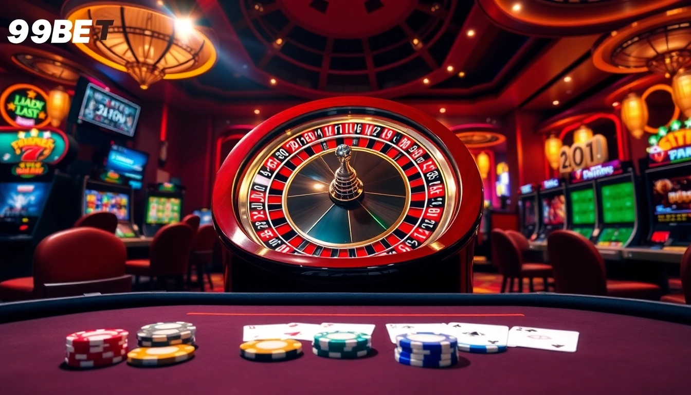 Experience thrilling gaming at Trang chủ 9BET with vibrant casino elements like roulette, poker, and slots.