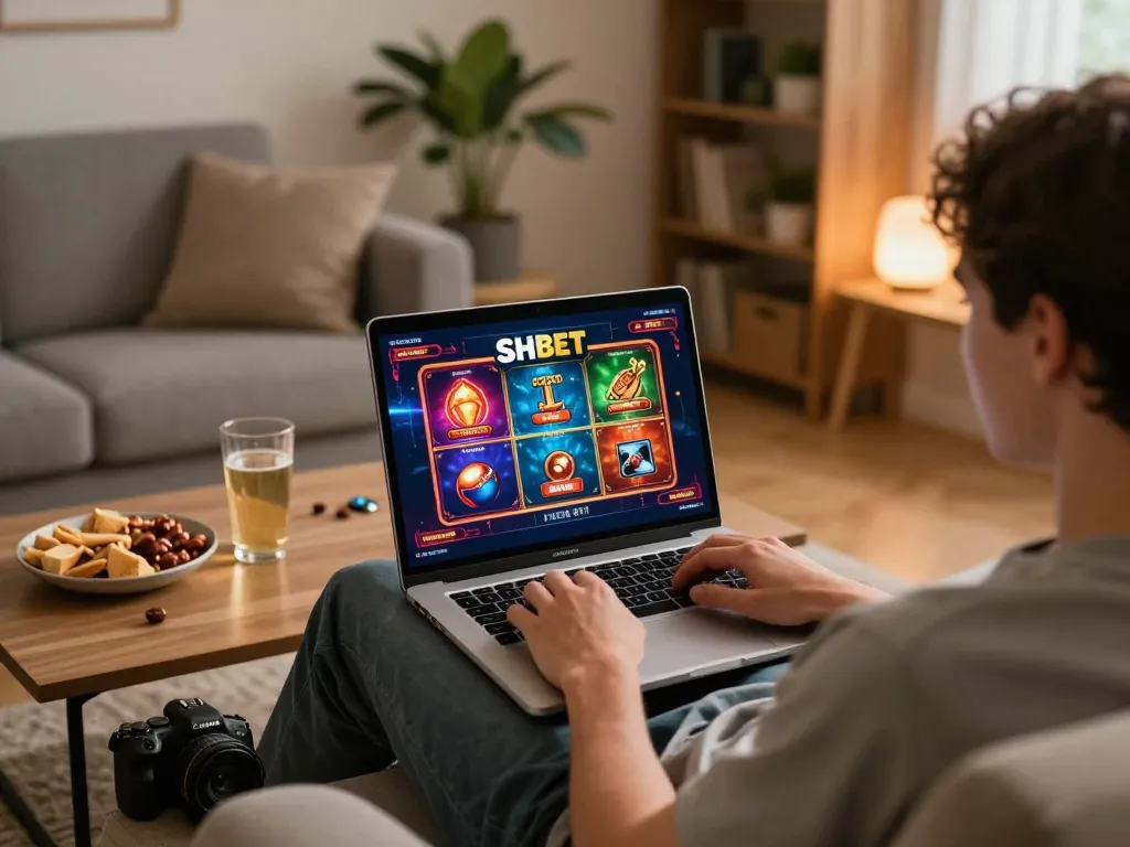 Engaging home gaming session with SHBET online casino, showcasing vibrant gaming on laptop.