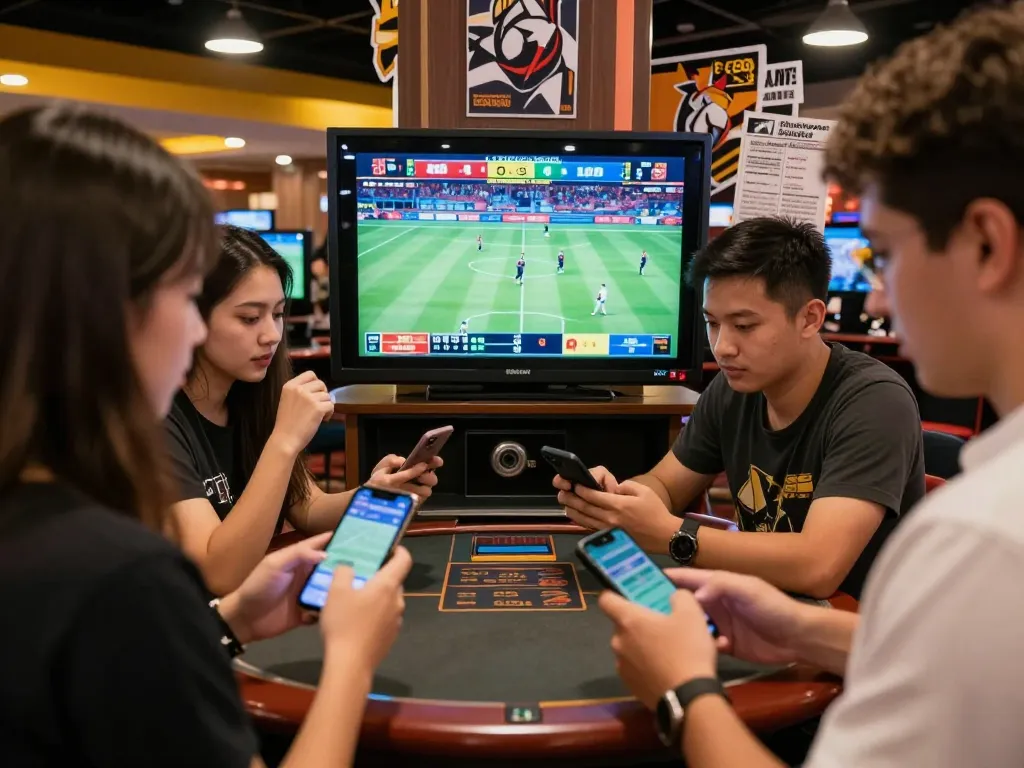 Engaged friends using LC88 app for live sports betting in a lively casino atmosphere