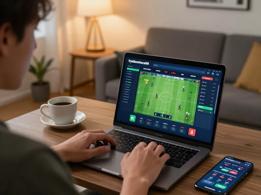 Betting on exciting matches with tylekeonhacai88 on a laptop in a cozy living room