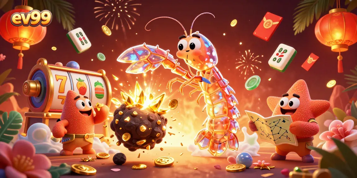 Experience exhilarating wins at ev99 with a vibrant scene featuring slots and samurai shrimp.