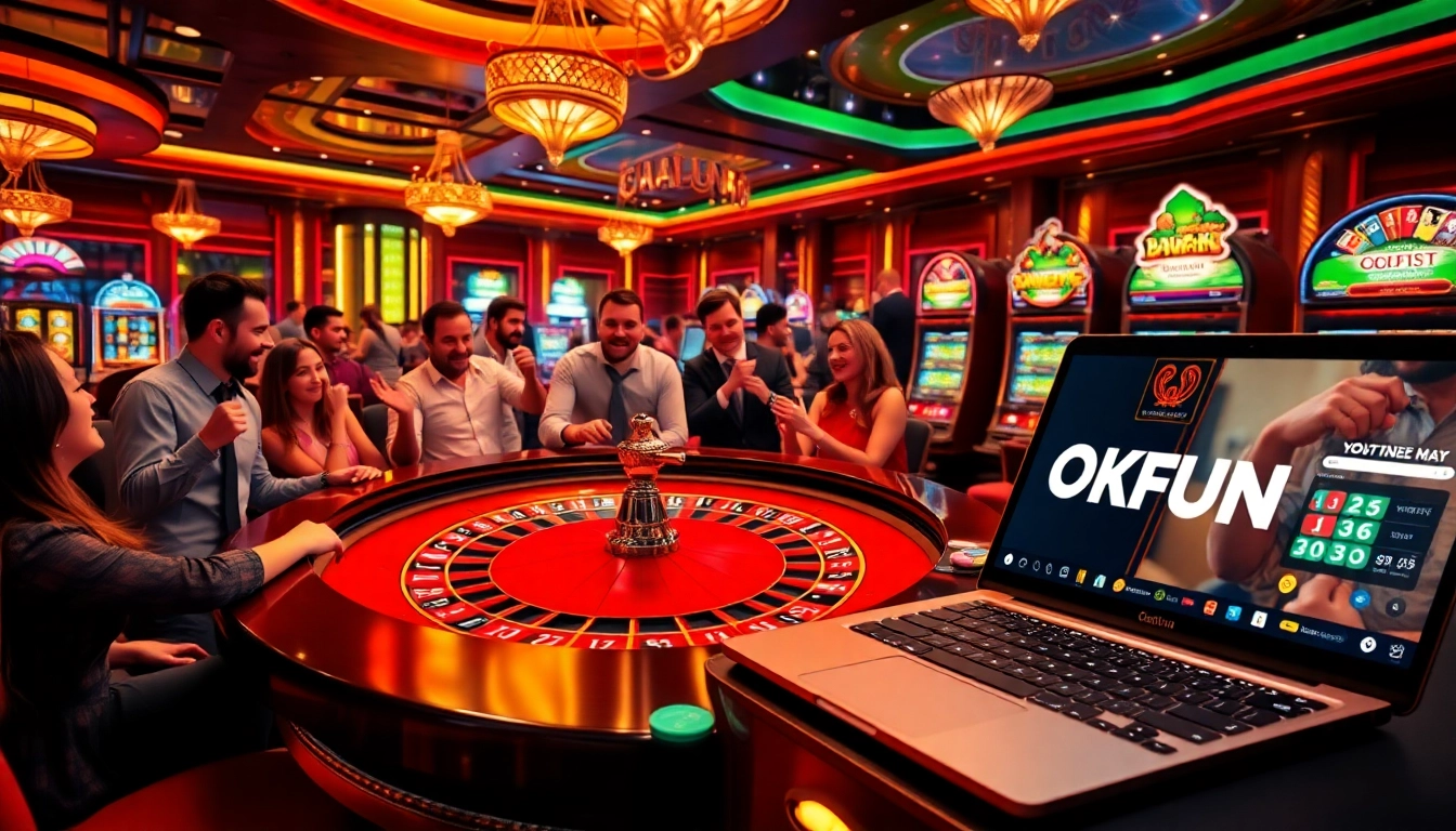 Experience excitement at OKFUN with a vibrant casino scene showcasing roulette and online gambling interactions.