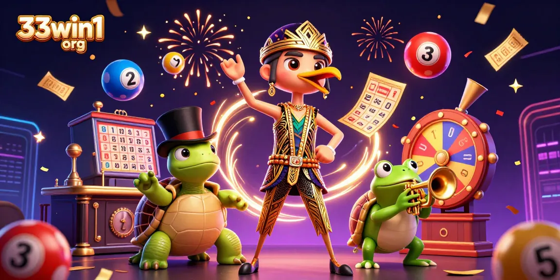 Experience excitement with 33win1 org as colorful lottery balls and casino elements vibrantly surround playful characters.