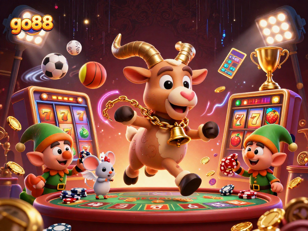 Experience the thrill at go88 with a lively casino scene featuring Krampus, a tiny angel mouse, and mischievous elves.