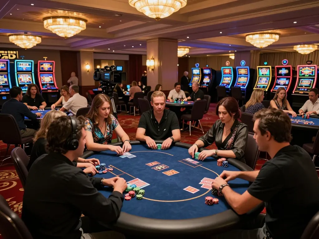 GO8 players enjoying a lively poker game in an upscale casino setting, vibrant atmosphere showcasing strategic gameplay.