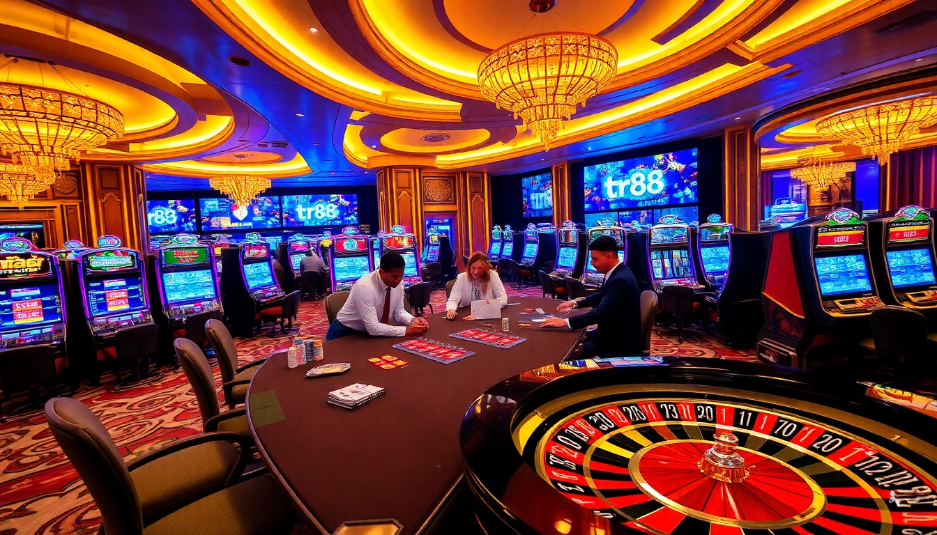 Players enjoying a thrilling moment at the tr88 casino with vibrant slot machines and exciting poker action.