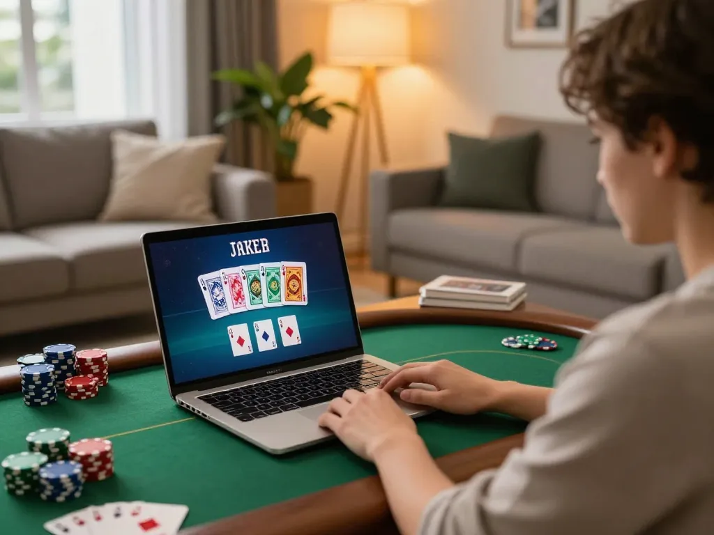 Lô Đề Uy Tín - Engaging in online gambling with a laptop showcasing an exciting poker game interface.